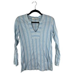 Xirena Blue White Stripe Gauzy Placket Long Sleeve Blouse Size Small